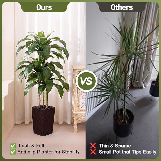 Artificial Dracaena Tree 5FT - Fake Tree with Brown Taper Planter & Pebbles - UV Resistant Faux Yucca Tropical Plant - Artificial Trees for Home Office Living Room Decor Indoor Outdoor