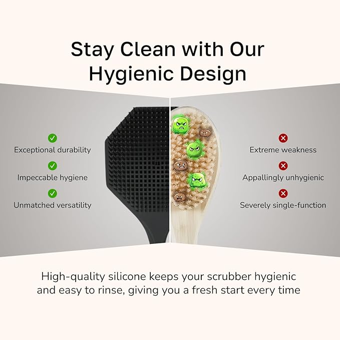 Silicone Back Scrubber with Long Handle - Octagon Body Brush for Shower, Bath, and Exfoliating - Skin Cleansing, Back Scrub and Gentle Silicone Sponge - Wash Your Body with Easy Reach - Black
