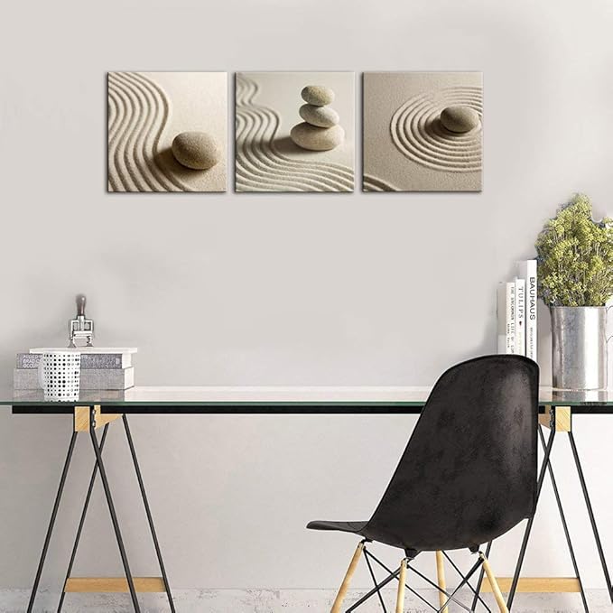 Artsbay 3 Piece Canvas Wall Art Zen Stone and Sand Giclee Print Artwork Calm Peaceful Still Life Picture Painting Modern Spa Room Wall Poster Decor Framed for Home Office Bedroom Bathroom Decoration