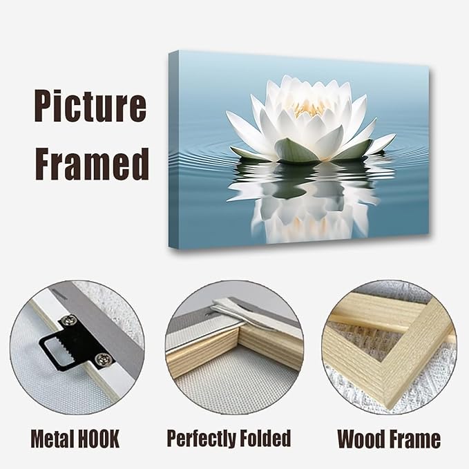 LZIMU Zen Canvas Wall Art White Lotus Flower Bloom in Water Picture Prints Teal Blue Artwork Bathroom Decor Framed for Yoga Spa Meditation Room (Zen-3, 16"x24")