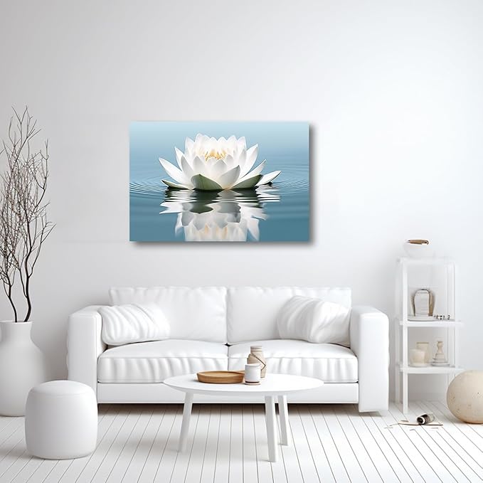 LZIMU Zen Canvas Wall Art White Lotus Flower Bloom in Water Picture Prints Teal Blue Artwork Bathroom Decor Framed for Yoga Spa Meditation Room (Zen-3, 12"x18")
