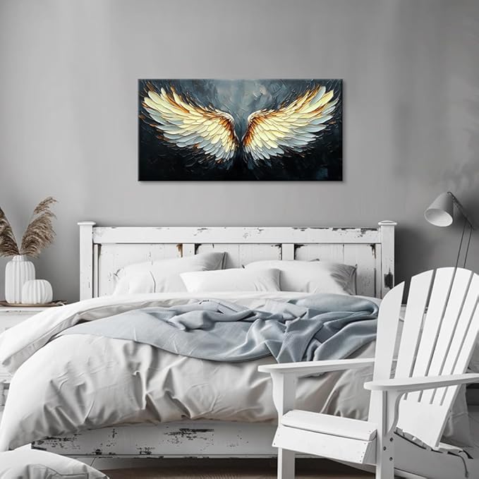 ZESTRILIA Angel Wings Wall Art for Girls Room Gold Gray Canvas Oil Painting Prints Modern Abstract Fantasy Anime Artwork Living Bedroom Office Decor (40x20 Inches)