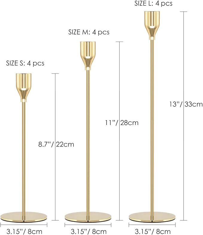 Gold Candle Holder Set of 12 Candlestick Holders Taper Candle Holders Metal Tall Candle Stick for Wedding Tables Centerpieces Candlelight Dinner Home Decor(Candles not Include)