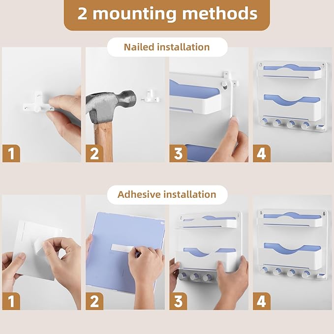 JUMEIHUI Bedside Wall Shelf with Glasses Hooks ，Adhesive Bedside Organizer Wall Mount for Dorm and Room Accessories Phone，Remote，Earphone， Kindle (White)