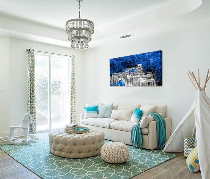 Yxbhhym Large Waterfall Wall Art - Black and White Decor, Blue Trees Scenery Canvas Prints - Landscape Wall Decor, Forest Paintings for Bedroom and Living Room - Framed - 24x48inch