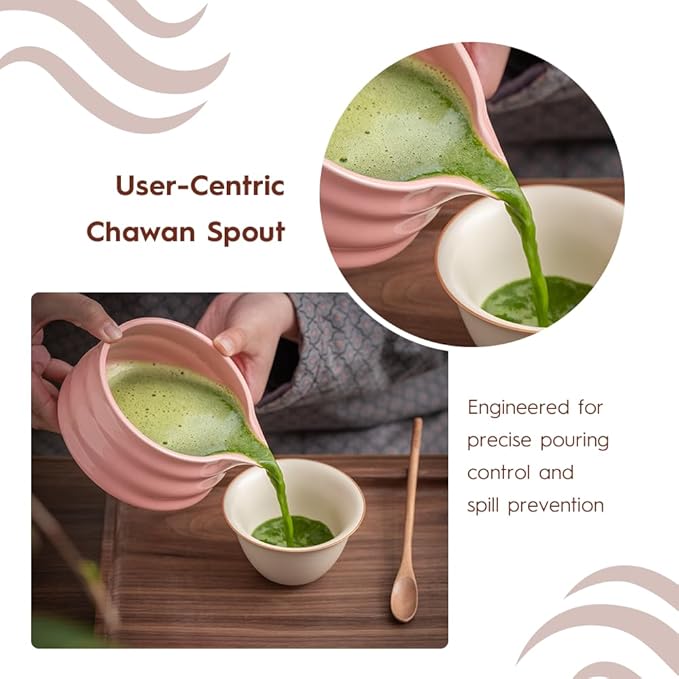 Matcha Whisk Set - Ceramic Bowl, Bamboo Whisk with Holder, Sifter, Schima Spoon, Spoon Rest and Tea Towel - 7 Pcs Complete Kit for Traditional Matcha and Modern Lattes (Pink)