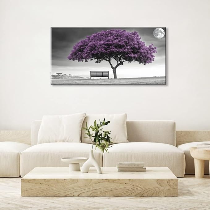 ZESTRILIA Country Purple Tree Wall Art for Living Room Office Violet Gray Moon Canvas Painting Prints Artwork Dining Bedroom Decor (40x20 Inches)