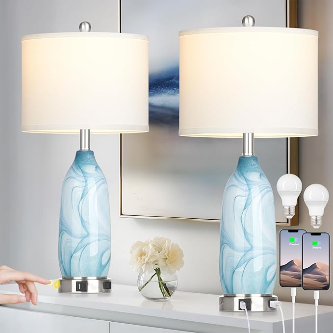 26" Coastal Glass Table Lamps Set of 2, Touch Control Bedside Lamp with USB A+C Ports and AC Outlet, Blue Lamp with Night Light for Nightstand Living Room Bedroom, 2 LED Bulbs Included