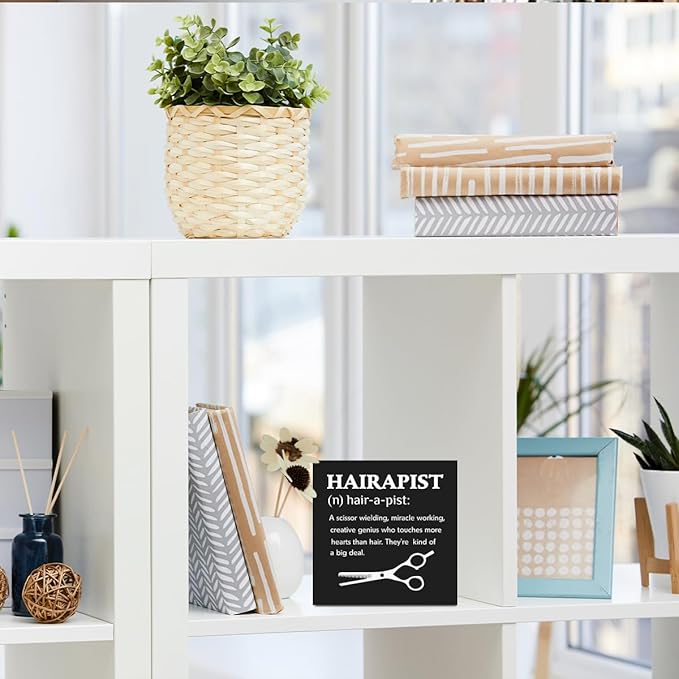 Hairstylist Gifts Wooden Box Sign, Hairapist Definition Sign Salon Decor Gifts for Hairdresser, Rustic Farmhouse Counter Beauty Shop Barbershop Hair Salon Desk Shelf Table Decor Wood Block Plaque