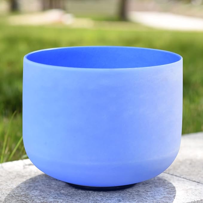 RYAN DVAN 8” G Note Blue Frosted Throat Chakra Crystal Singing Bowl with Free Heavy-Duty Carrying Case and Suede Striker O-Ring