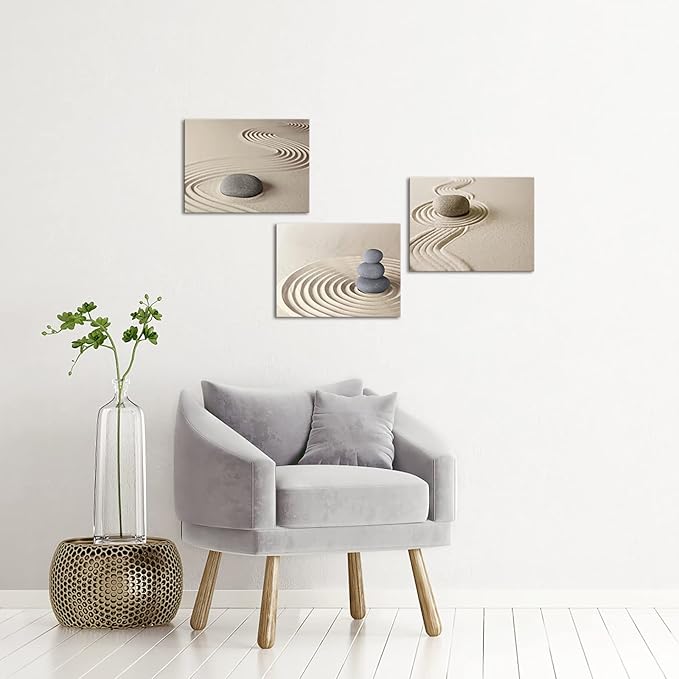 Apicoture Zen Stone Canvas Wall Art Zen Stone Sand Prints Canvas Art Calm Peaceful Still Life Wall Art for Spa Room Decor Framed 12x16inchx3pcs