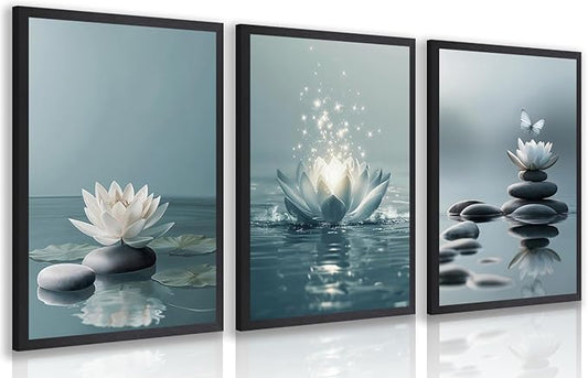 GELDSTEI Calm Zen Botanical Canvas Wall Art, White Lotus Blooming on Stones in Water Aesthetic Pictures, Yoga Spa Meditation Room Decor, Modern Spiritual Poster Prints for Zen Wood Framed 16"x24"x3