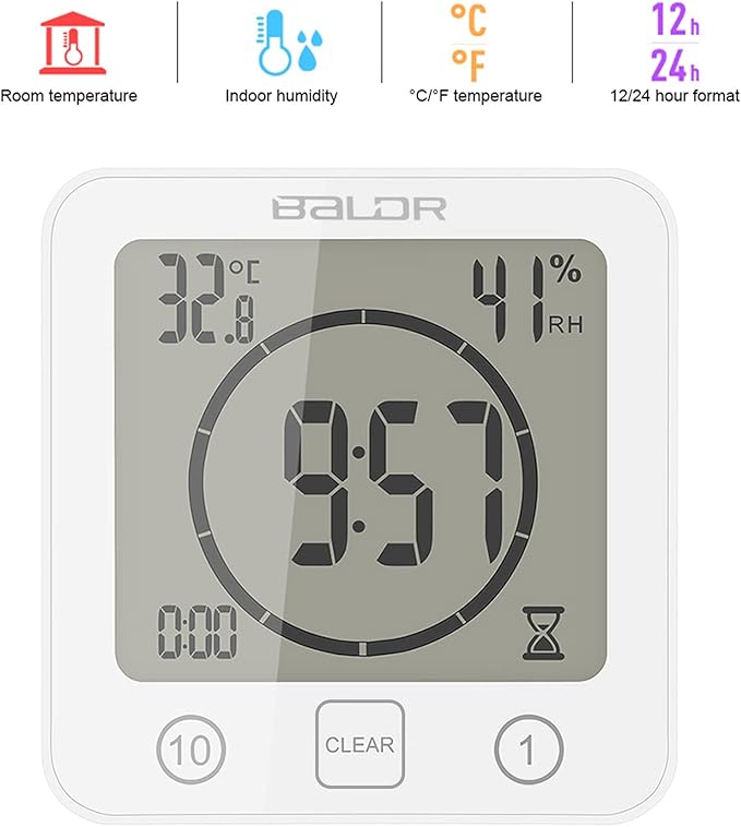 Digital Bathroom Shower Wall Clock, LCD Digital Wall Clock with Suction, Waterproof Temperature Humidity Gauge, Touch Screen Timer, Large Countdown Visual Timer (White)