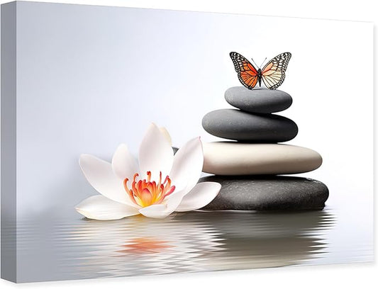 ARTZGX Zen Canvas Wall Art Spa Pictures Wall Decor Flower Zen Stones Butterfly Painting Print for Bathroom Yoga Decor Frame(Zen Flower - A 28.00" x 42.00")