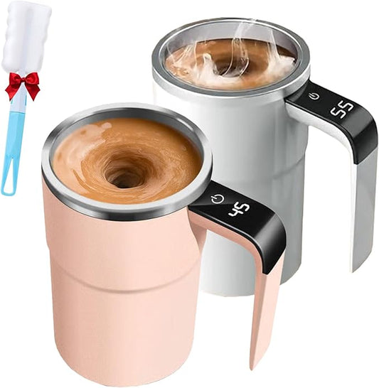 Electric Coffee Mug with a Built-in LCD Thermometer, Electric Self Stirring Coffee Mug Mixer for Desk, Automatic Magnetic Rechargeable Warmer, Travel Cup with Lid for Milk, Cocoa (2pcs-1)