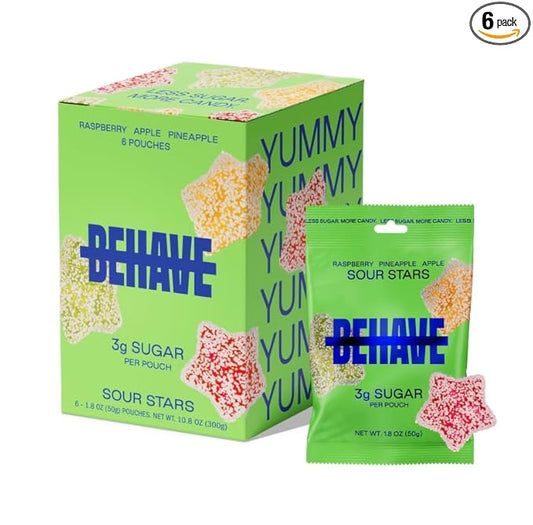 BEHAVE Low Sugar, Low Carb Gummy Candy | Healthy, High in Fiber, Keto & Diabetic Friendly Snack | Non-GMO, Gluten-Free, Dairy-Free, No Artificial Flavors or Sweeteners | Sour Stars, 1.8oz (6-Pack)