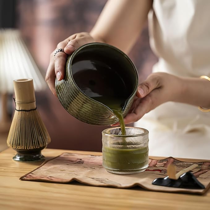 8 Pcs Matcha Whisk Set, Ceramic Matcha Whisk Holder, Ceramic Bowl with Spout, Matcha Ceremony Accessory, Home Kitchen Decor Tea Gifts for Birthdays, Halloween and Christmas (Dark Green)