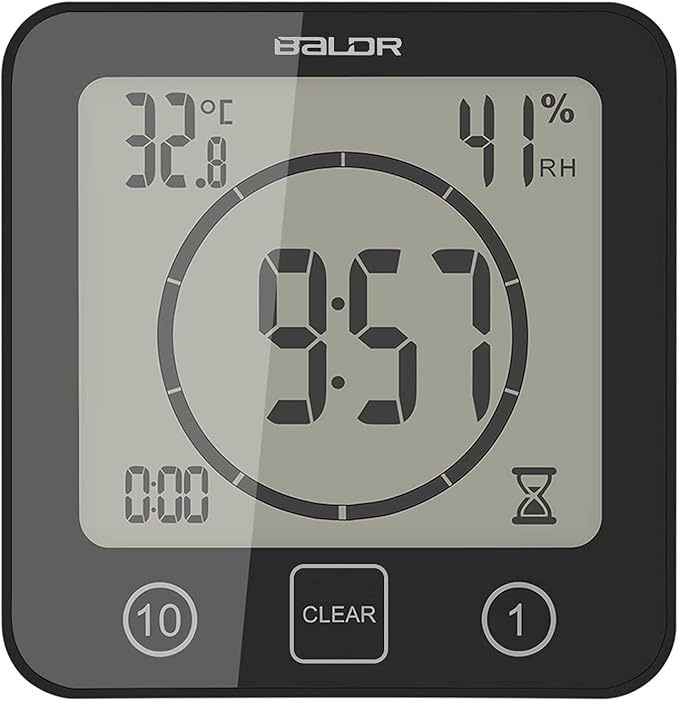 Digital Bathroom Shower LCD Wall Clock with Suction, Waterproof Temperature Humidity Gauge, Touch Screen Timer, Large Countdown Timer (Black)