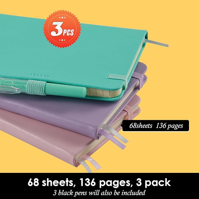 3 Pack Small Notebook Journal with Pen, A6 Mini Pocket Size Notepad Journal Notebook for Women/Men Work, Cute Note Book Note pads, 3.7" x 5.7", Leather, Pink, Purple, Green