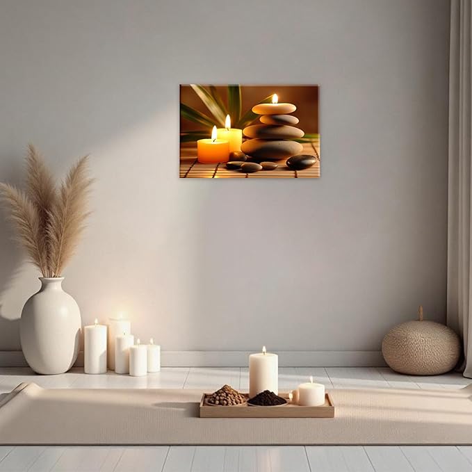 Zen Canvas Wall Art Candles Stones Pictures Print Spa Serene Still Life Painting Meditation Framed Artwork for Spa Yoga Room Bathroom Decor(Artwork-1,24"x36")