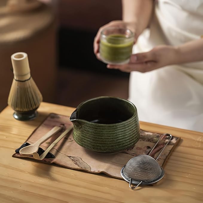 8 Pcs Matcha Whisk Set, Ceramic Matcha Whisk Holder, Ceramic Bowl with Spout, Matcha Ceremony Accessory, Home Kitchen Decor Tea Gifts for Birthdays, Halloween and Christmas (Dark Green)
