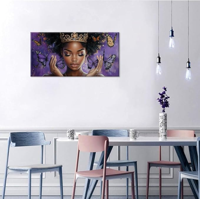 ZESTRILIA African American Wall Art for Girls Room Purple Black Butterfly Canvas Painting Prints Artwork Living Bedroom Office Decor (40x20 Inches)