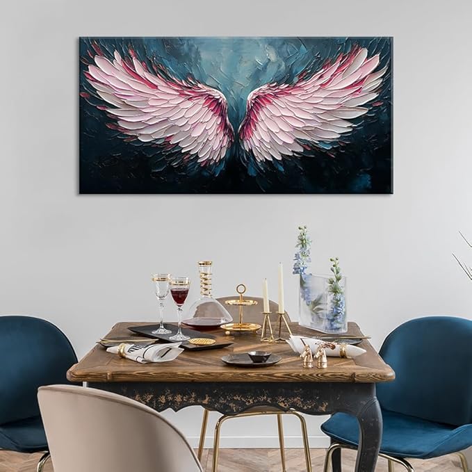 ZESTRILIA Angel Wings Wall Art for Girls Room Pink Navy Blue Canvas Oil Painting Prints Modern Abstract Fantasy Anime Artwork Living Bedroom Office Decor Extra Large (58x28 Inches)