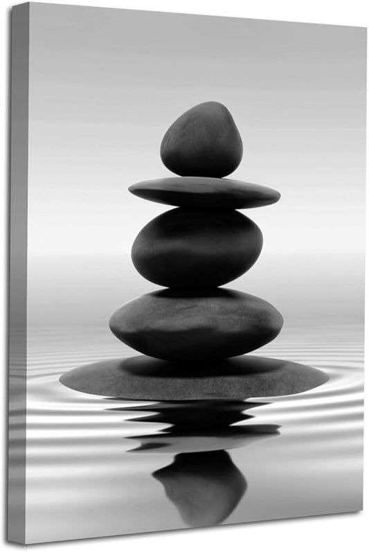 LZIMU Black and White Zen Wall Art Stones in Water Pictures Print on Canvas for Bathroom Yoga Meditation Spa Room Living Room Bedroom Wall Decorations Framed (Zen-1, 20"x30" (50x75cm))