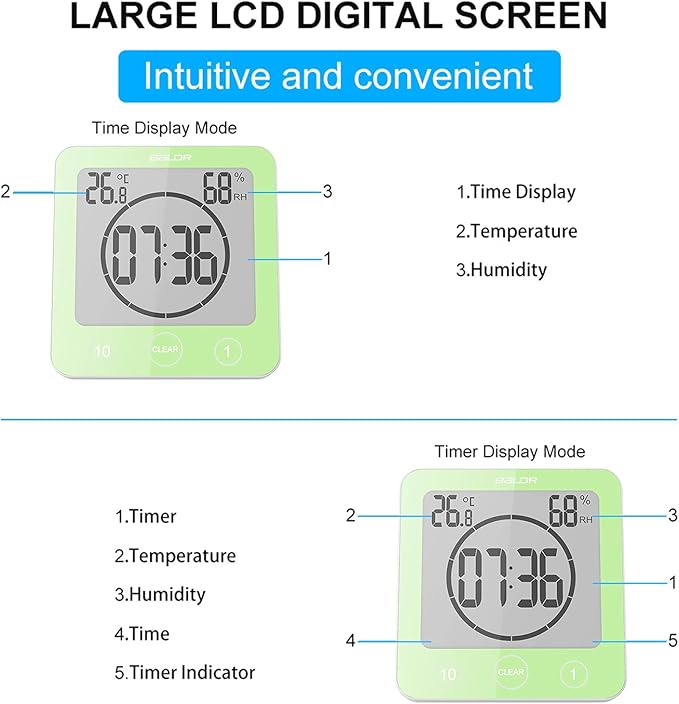 Digital Bathroom Shower Wall Clock Timer, LCD Digital Wall Clock with Suction Waterproof Temperature Humidity Gauge, Touch Screen Timer, Large Countdown Visual Timer Hanging Wall Clock (Green)