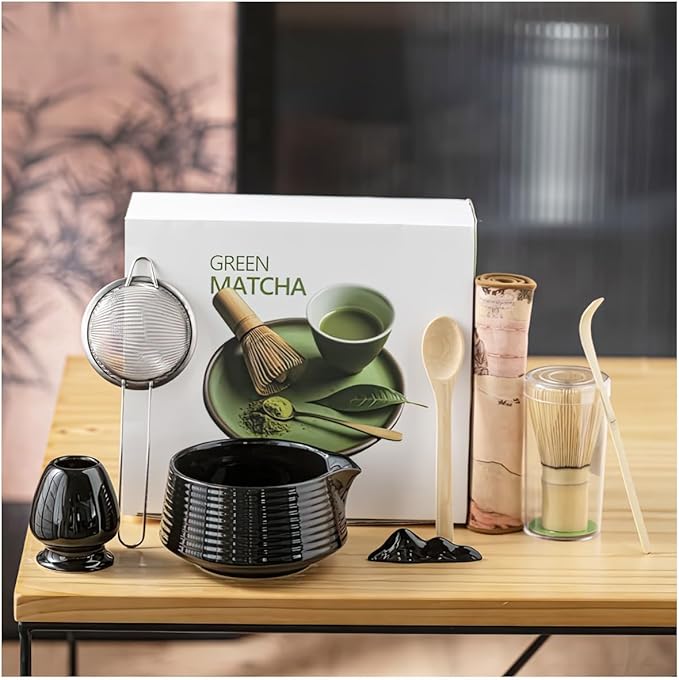 8 Pcs Matcha Whisk Set, Ceramic Matcha Whisk Holder, Ceramic Bowl with Spout, Matcha Ceremony Accessory, Home Kitchen Decor Tea Gifts for Birthdays, Halloween and Christmas (Beige color)