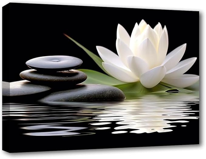 LZIMU Zen Canvas Wall Art White Lotus and Black Zen Stones Bloom in Water Picture Prints for Yoga Spa Meditation Spiritual Room Bathroom Decor (Zen-1, 28"x42")