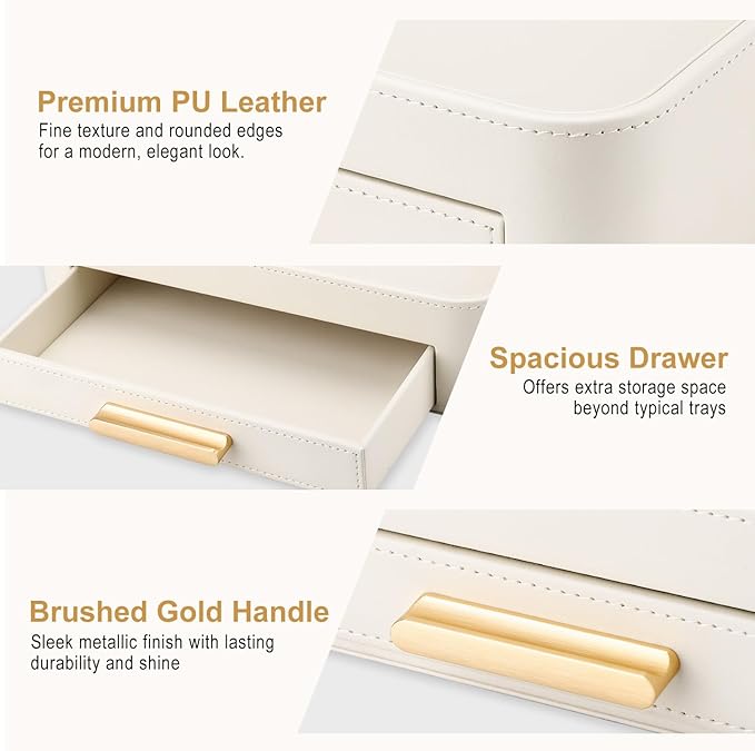 GORESE PU Leather Valet Tray with Drawer, Nightstand Organizer Catch All Tray for Jewelry Perfume Purse Trinket Key Holder, EDC Trays for Desk Vanity Entryway Table, Gift for Women Men, Cream White