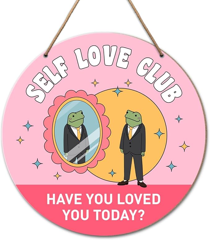 Self Love Club Inspirational Wall Decor, Frog Positive Round Wooden Hanging Sign Decor, Pink Motivational Decorations for Home Bathroom Office, Inspirational Gifts for Women Men, Loved You Today