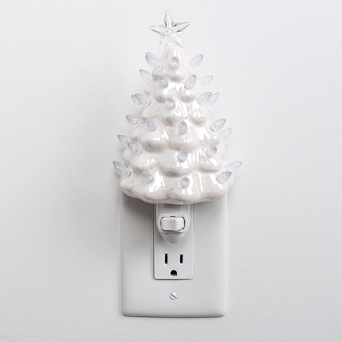 Milltown Merchants Ceramic Christmas Tree Night Light - Plugin Christmas Tree with Lights - Lighted Vintage Ceramic Tree - Mini Christmas Tree Decorative Night Light (Pearl White Christmas Tree)