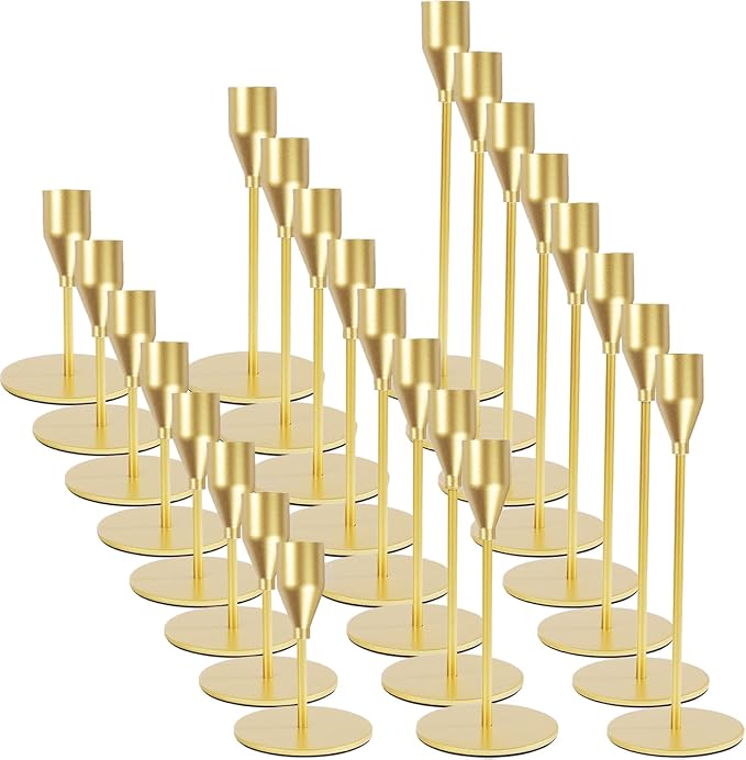 Matte Gold Candle Holders Bulk Painted Gold Metal Candlesticks Fit 0.8 Inch Taper Candles Decorative Metal Candelabra for Wedding Home Holiday Anniversary Party Dinning Table Decors (Set of 24)