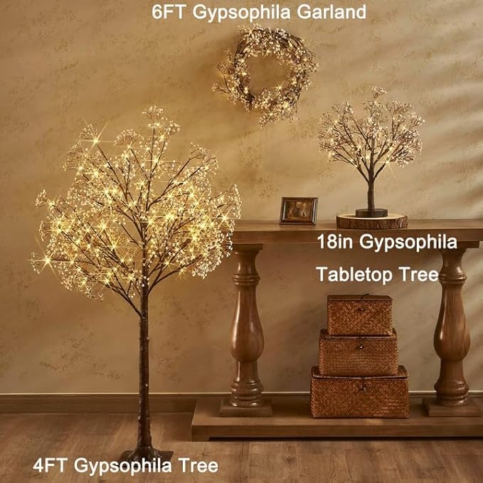 Hairui Lighted Baby Breath Flower Garland Battery Operated with Timer 48L Warm White LED 6FT, Artificial Gypsophila Vine Lights for Thanksgiving Christmas Decor Indoor Outdoor Use