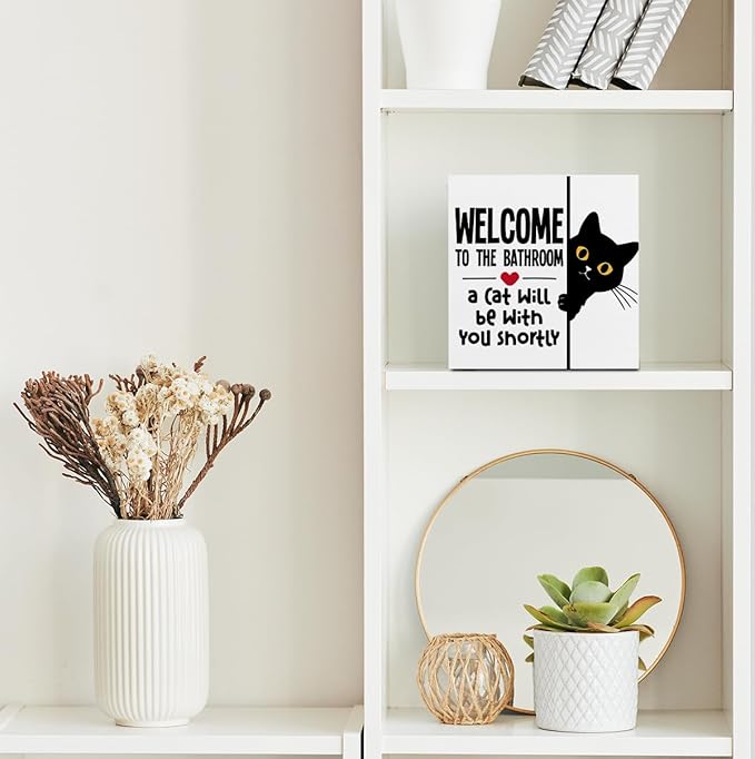 Funny Cat Bathroom Decor White Wooden Box Decorative Signs, Humorous Decorations for Bathroom Home Shelf, Wood Box Sign Cat Lover Gifts for Women Men Friends, 5.1x5.1Inch