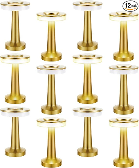VIHOSE 12 Pcs Gold Cordless Table Lamps LED Portable Rechargeable Table Lamp with Touch Sensor 3 Color Dimming up to 15 Hours Battery Desk Light for Restaurant Nursery Living Room