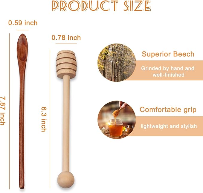 6.3Inch Wooden Honey Dipper Sticks: Long Handle Coffee Stirring Spoons - Honey Comb Sticks - Honey Wand for Honey Jar Dispense Drizzle Honey Wedding Party Favors