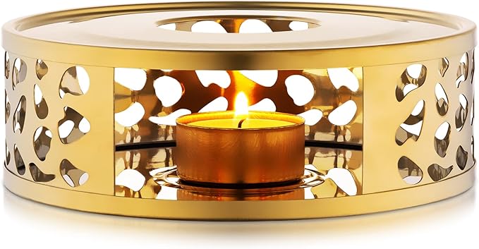 Simtive Teapot Warmer, Brushed Stainless Steel Tea Warmer with Tealight Holder, Gold