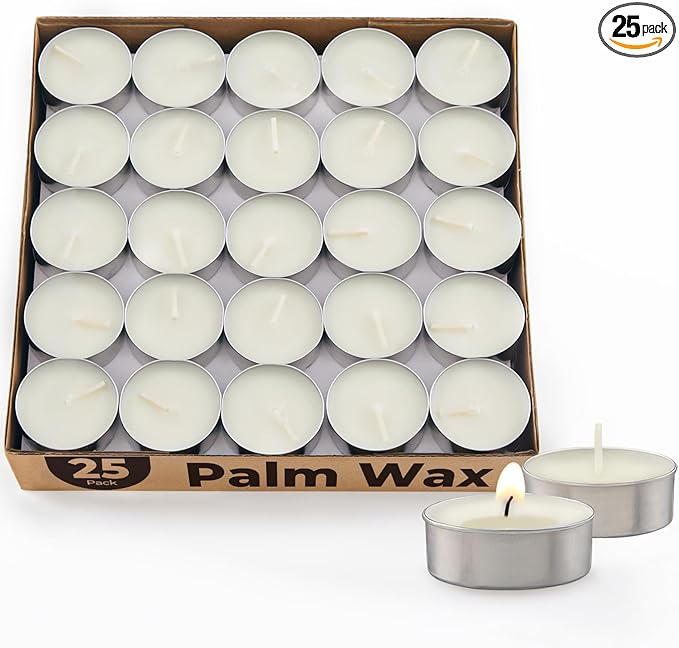Unscented Palm Tea Lights Candles 25 Pack Bulk, 4.5 Hours Long Burning White Tea Lights,Non-Paranffin, Smokeless, Mini Tealight Candles for Wedding, Christmas Lights, Party, Power Outages