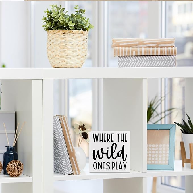 Where The Wild Ones Play, Playroom Decor Wooden Box Sign, Nursery Decor Gift for Nursery Bedroom Playroom Front Door Rustic Farmhouse Home Office Table Decorations Wood Block Plaque