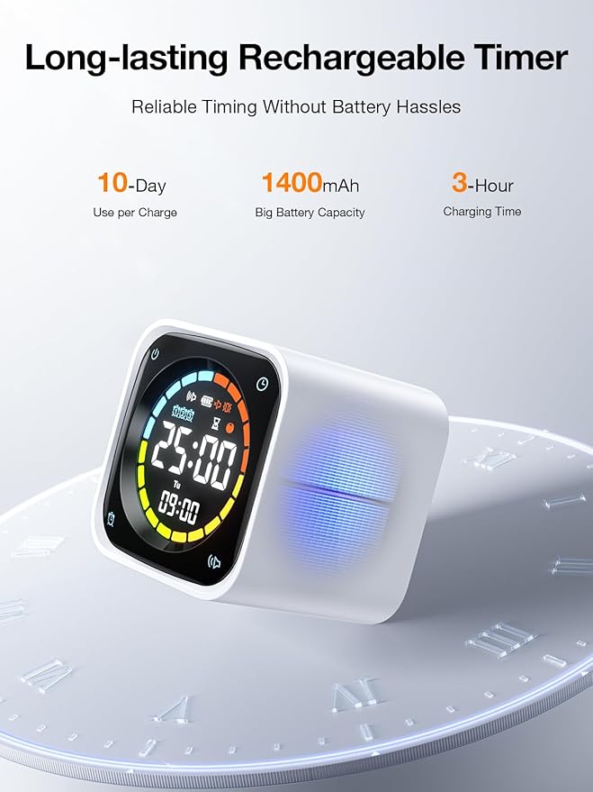 TK3 Pomodoro Timer Cube, Desk Productivity Timer with 5/10/30/60 Min Presets, Custom Countdown, Stopwatch, Clock, 3 Alarm, Silent, Vibrate & Sound Alert, for Task, ADHD, Study, Kitchen, White