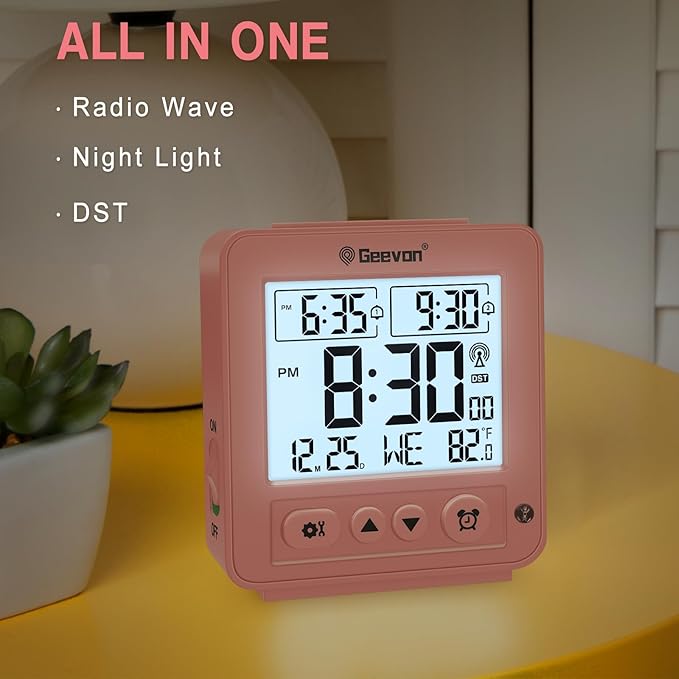Geevon Small Digital Atomic Alarm Clock for Bedroom, Travel Table Clock with Auto/8s Backlight, 2 Alarm, Temperature, Desk Clock Battery Operated for Deep Sleepers Kids Elderly Home Office, Pink
