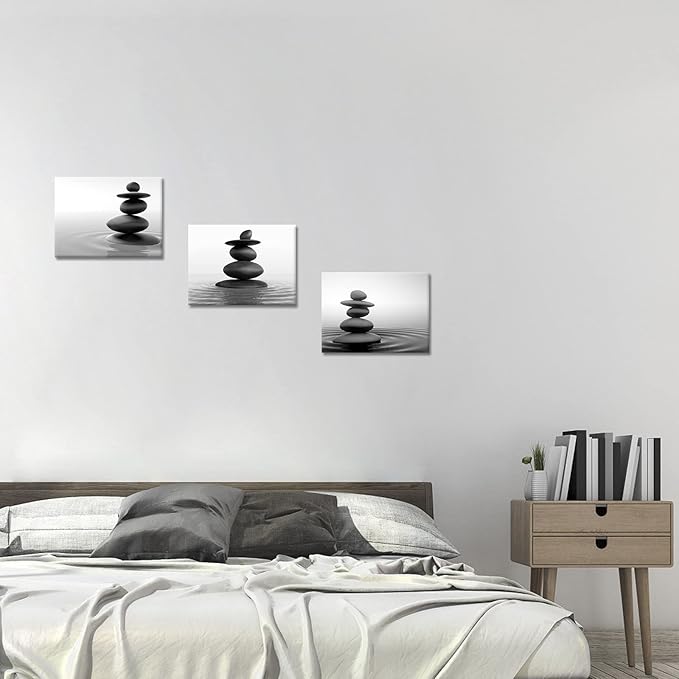 Apicoture Zen Stone Wall Art - Black and White Zen Stones Poster Canvas Wall Decor for Spa Room Bathroom Home Decorations 12"X 16"X 3 Pieces
