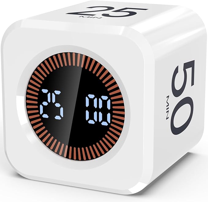 Pomodoro Timer Cube Visual Productivity Flip Timer for Kids Classroom Desk, 5/10/25/50min& Custom Countdown, Silent&Sound Mode Digital Cube for ADHD Study Work School Game Kitchen (White)