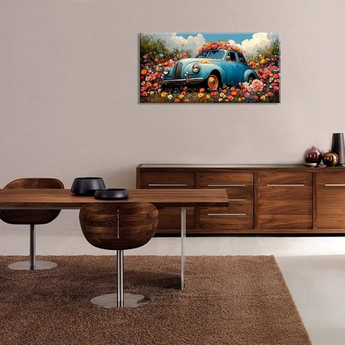 ZESTRILIA Car Wall Art Flower Canvas Paintings Old Shabby Garden Floral Artwork Rustic Landscape Picture for Country Farmhouse Living Room Bedroom Home Office Kitchen Décor (23x46inch)
