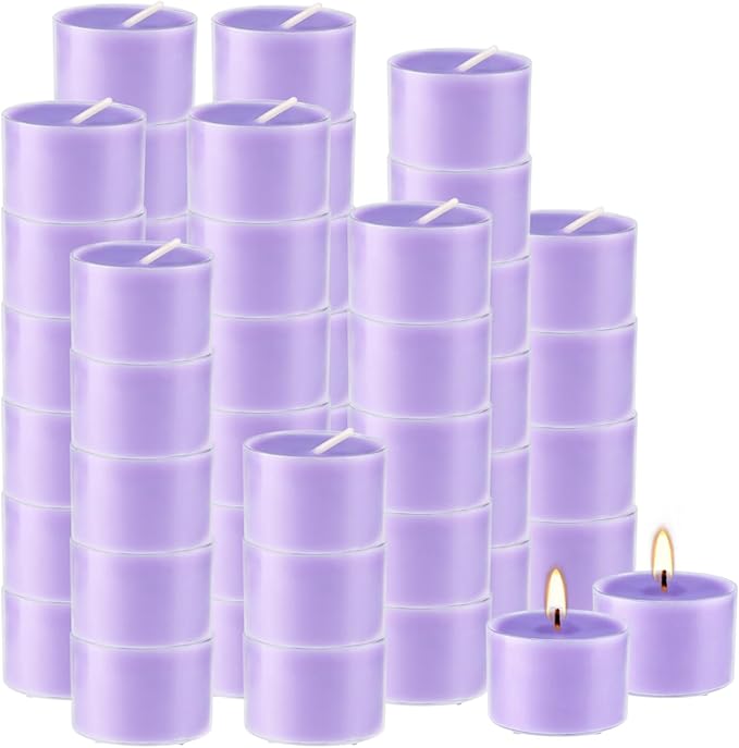 50 Pack Bulk Lavender Scented Tealight Candles in Clear Cup, Purple Wax Votive Candle for Birthdays Weddings Churches Anniversaries & More（8 Hour）
