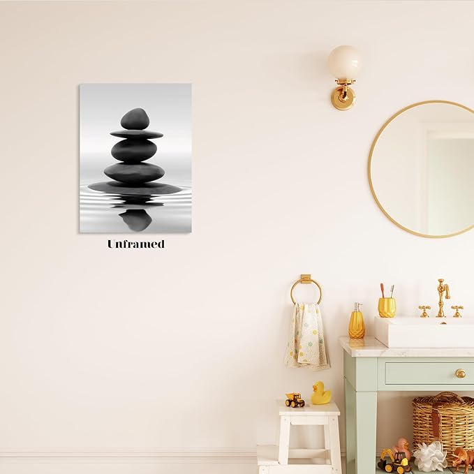 DCMVJHZV Black and White Bathroom Unframed Poster Zen Bathroom Wall Decor Stones in the Water Wall Art Yoga Meditation Picture Print Spa Room Bedroom Living Room Painting(12"x16")
