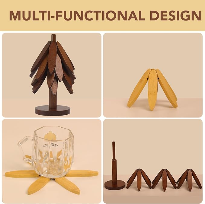Tree Shape Bamboo Trivet Kitchen Decor Tree Shaped Holder Beech Wood Foldable Design Hot Dishes, Pot, Teapot, Plates, Bowls (Beech-3)